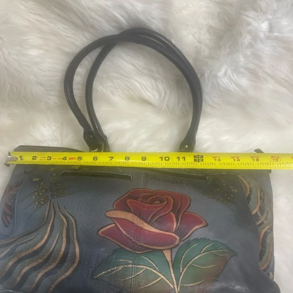 Hand-Painted Floral Leather Tote Bag - Gray